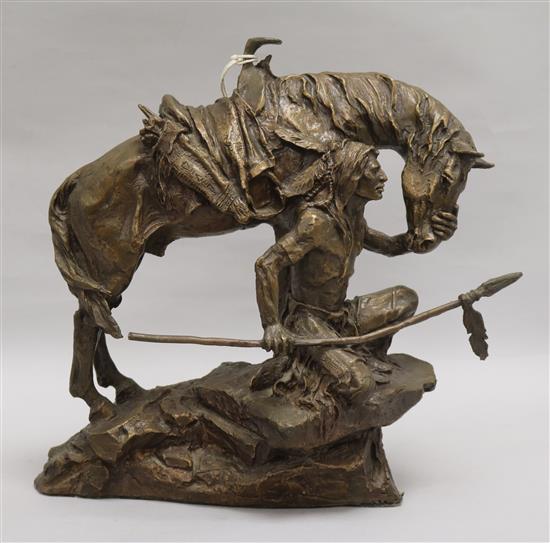 A bronze group of an Indian and horse, signed McCain height 29cm